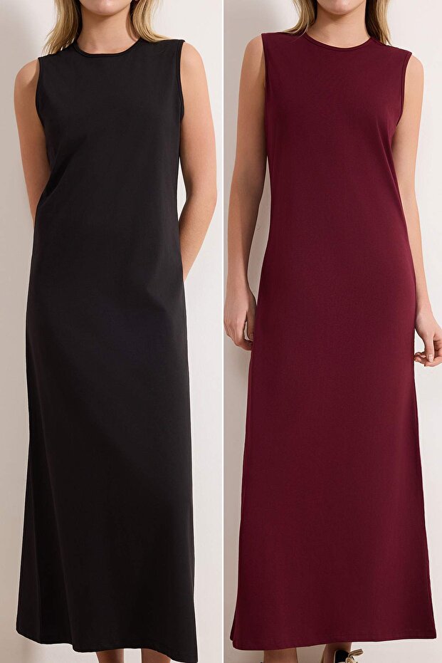 Siyah-Bordo 2'li Paket %100 Pamuk Astar İçlik Örme Elbise TCTAW22UK0110 - 1