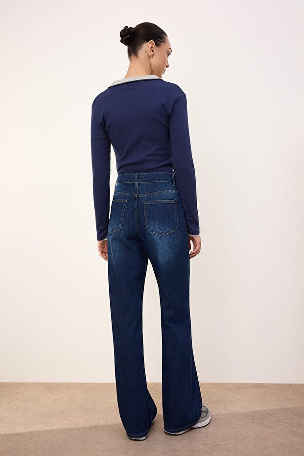 Trendyolmilla Wardrope Essentials Koyu Mavi DÖKÜMLÜ Yüksek Bel Wide Leg Jeans TWOSS26JE00128 - 8