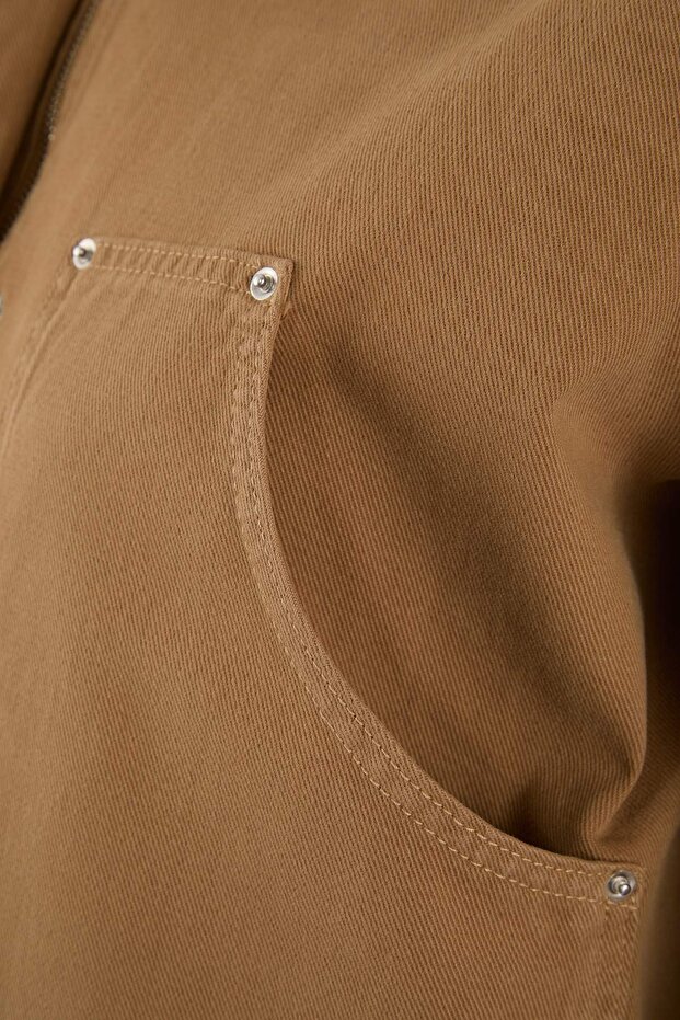 Camel Kadife Yaka Detaylı Oversize/Geniş Kalıp %100 Pamuk Non-Stretch Denim Ceket TBBSS26AG00007 - 7