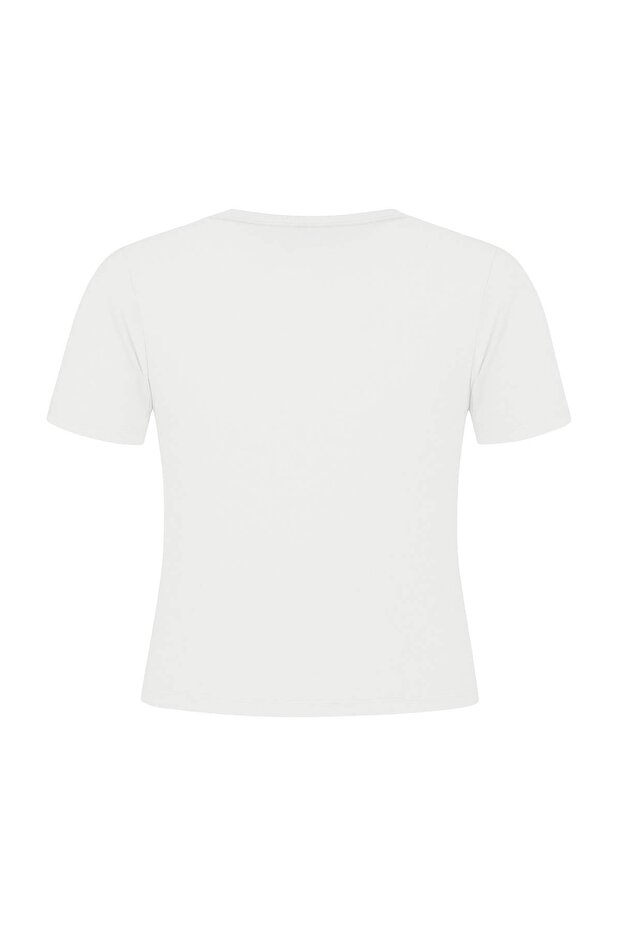 Beyaz Esnek Fitted Basic Bisiklet Yaka Kısa Boy Büyük Beden T-shirt TBBSS26BF00006 - 6