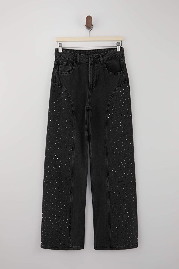 Siyah DÖKÜMLÜ Taşlı Dikiş Detaylı Yüksek Bel %100 Pamuk Wide Leg Jeans TWOSS26JE00079 - 5