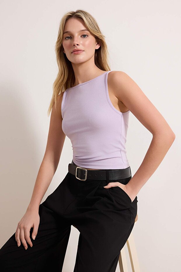 Lila Askılı Fitted/Vücuda Oturan Esnek Örme Bluz TWOSS24BZ00535 - 2