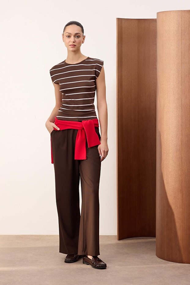 Wardrobe Essentials-Kahverengi Çizgili Fitted/Vücuda Oturan Yumuşak Örme Bluz TWOSS26BZ00108 - 2