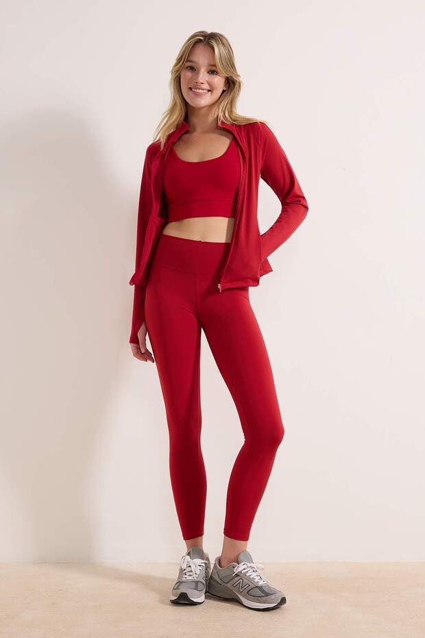 Kırmızı Soft Fırçalı Kumaş Reflektör Baskı Detaylı Tam Boy Örme Spor Tayt THMAW25TY00020