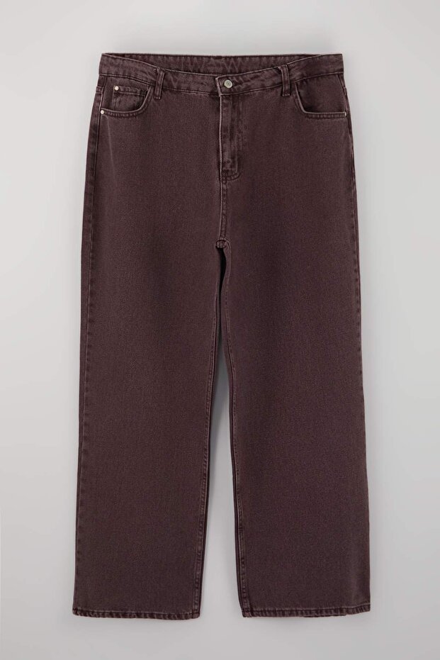 Bordo Yüksek Bel Geniş Paça Büyük Beden Wide Leg Jeans TBBSS22JE0211 - 3