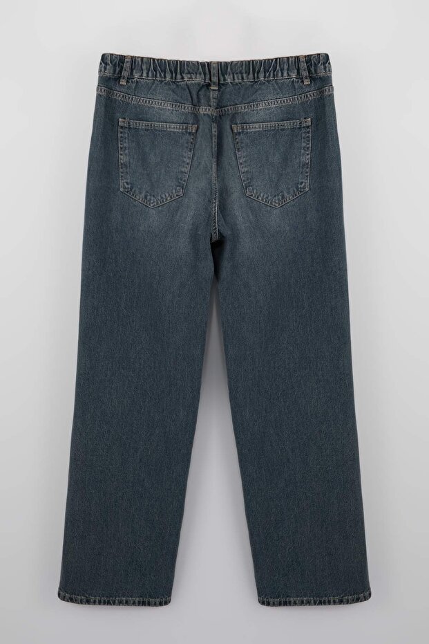 Mavi Lastikli Bel %100 Pamuk Non Stretch Düz Kesim Straight Fit Büyük Beden Jeans TBBSS26CJ00024 - 6