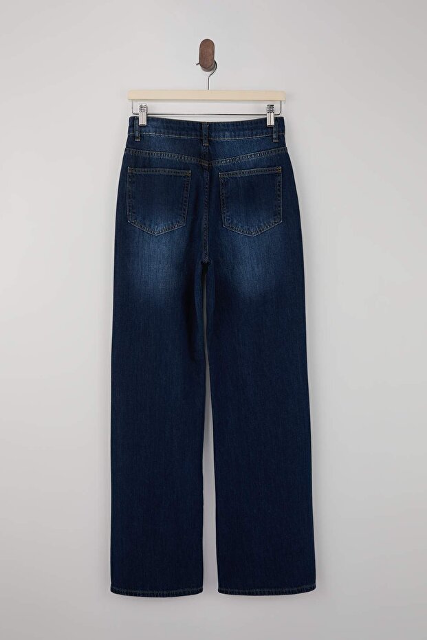 Trendyolmilla Wardrope Essentials Koyu Mavi DÖKÜMLÜ Yüksek Bel Wide Leg Jeans TWOSS26JE00128 - 10