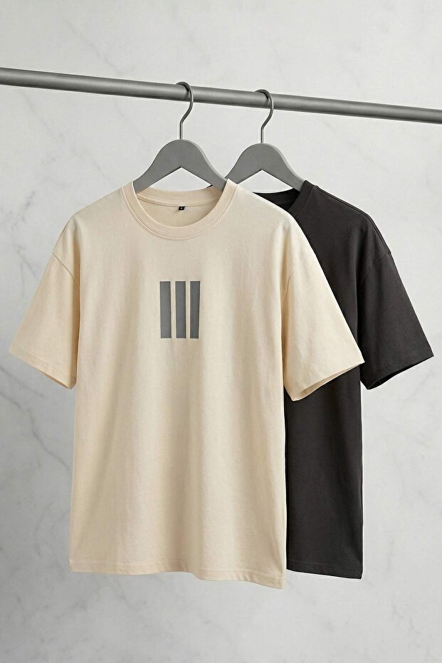 Antrasit-Taş Oversize/Geniş Kesim 2'li Paket Çizgi Baskılı %100 Pamuk T-Shirt TMNSS25TS00210 - 1