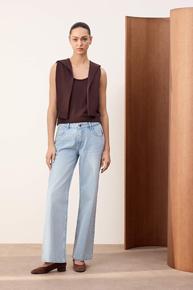 Trendyolmilla Wardrope Essentials Mavi Düşük Bel 100% Pamuk Wide Leg Geniş Paça Jeans TWOSS26JE00131 - 2