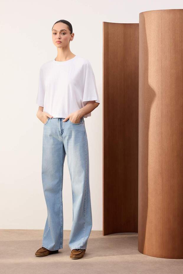 Trendyolmilla Wardrope Essentials Açık Mavi DÖKÜMLÜ Yüksek Bel Wide Leg Jeans TWOSS26JE00128 - 6