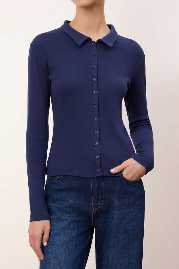 Wardrobe Essentials-Lacivert Fitted/Vücuda Oturan Polo Yaka Örme Bluz TWOSS26BZ00066 - 3