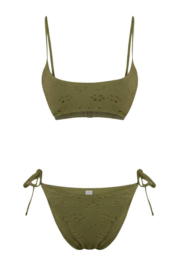 Haki Dokulu Bralette Kaplı Brazilian Düşük Bel Bikini Takımı TBESS26BT00024 - 5