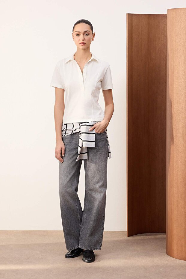Wardrobe Essentials-Ekru Regular/Normal Kalıp Dikiş Detaylı %100 Pamuk Örme Bluz TWOSS26BZ00043 - 2