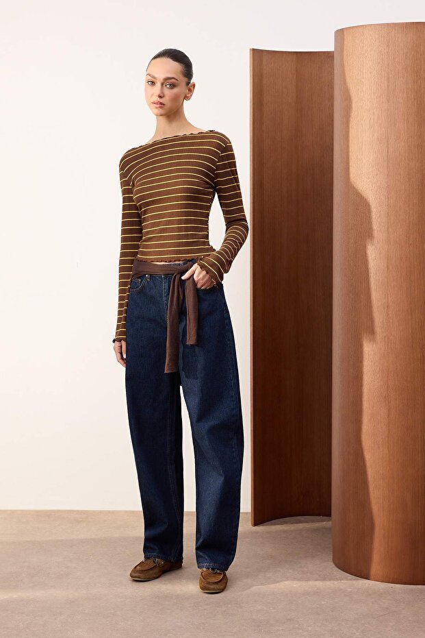 Wardrobe Essentials-Kahverengi Çizgili Fitted/Vücuda Oturan Örme Bluz TWOSS26BZ00176 - 2
