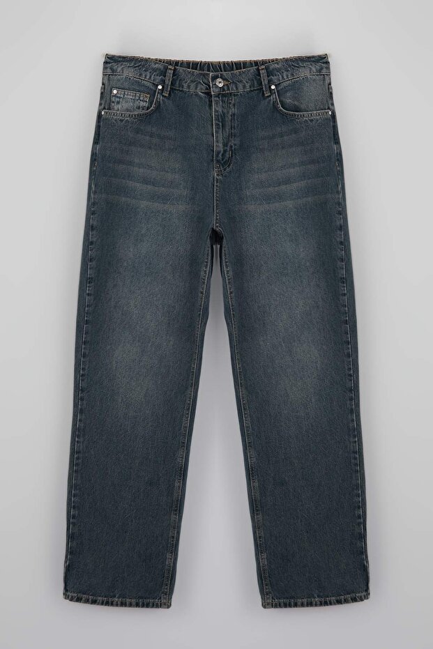 Mavi Lastikli Bel %100 Pamuk Non Stretch Düz Kesim Straight Fit Büyük Beden Jeans TBBSS26CJ00024 - 5