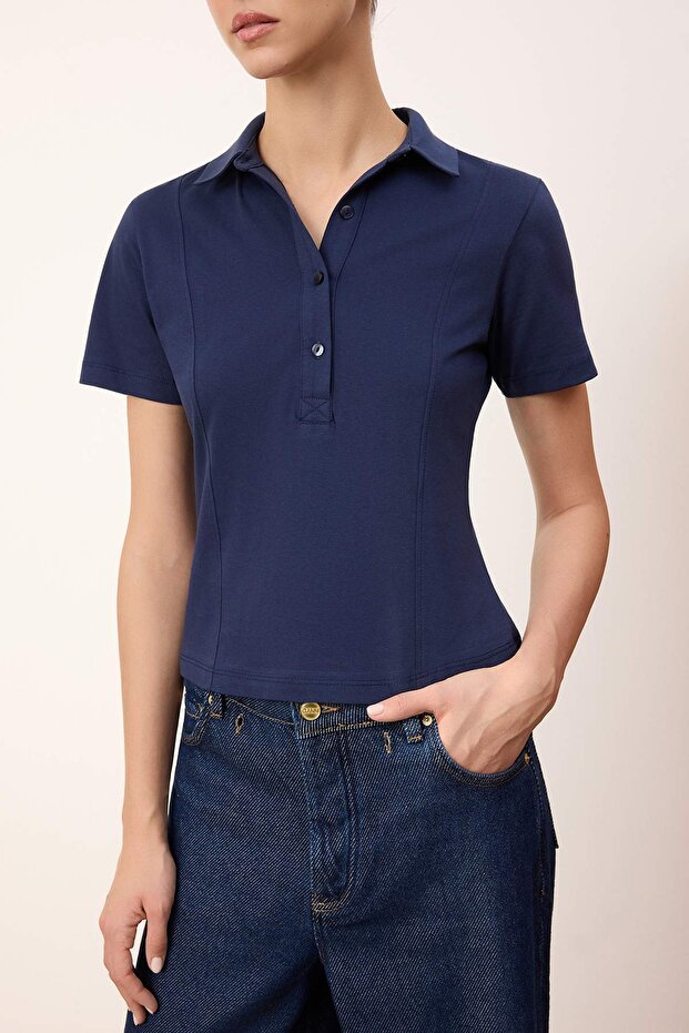 Wardrobe Essentials-Lacivert Regular/Normal Kalıp Dikiş Detaylı %100 Pamuk Örme Bluz TWOSS26BZ00043 - 3
