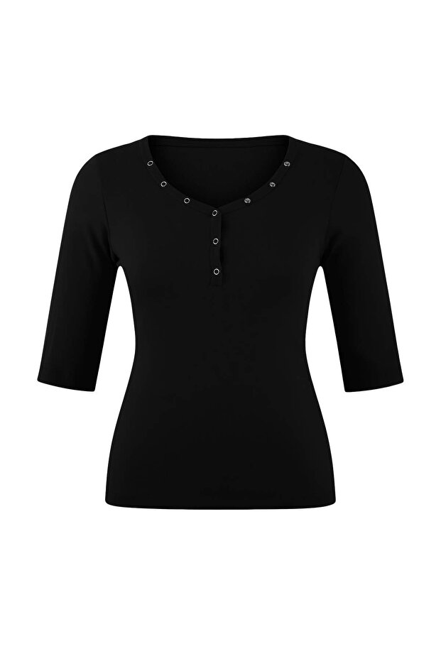 Siyah Soft Yumuşak Kumaşlı V Yaka Çıt Çıt Detaylı Örme Büyük Beden Bluz TBBSS26AF00044 - 4