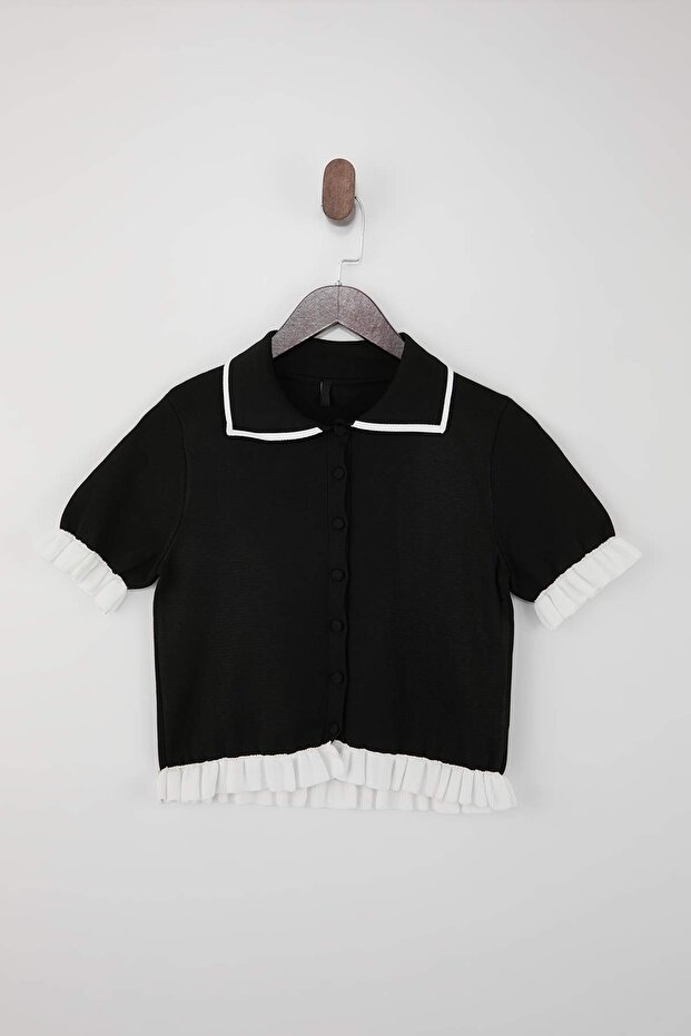 Siyah Polo Yaka Volan Detaylı Crop Renk Bloklu Triko İnce Bluz TWOSS26BZ00296 - 5