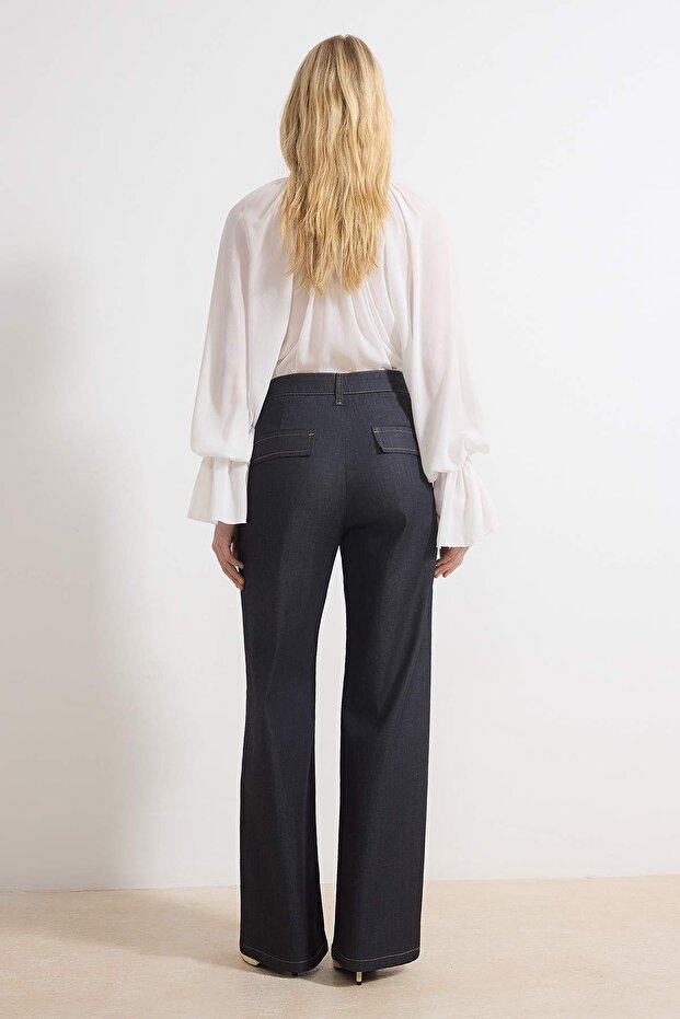 Koyu Mavi Dikiş Detaylı Yüksek Bel Ekstra Esnek Wide Leg Jeans TWOSS26JE00053 - 4
