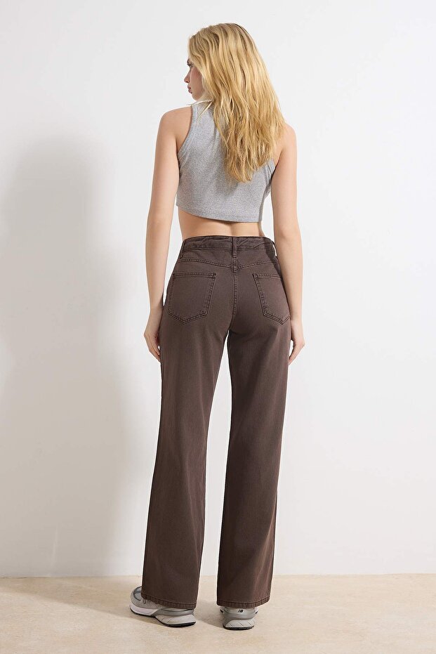 Kahverengi %100 Pamuk Yıkama Efekli Normal Bel Wide Leg Jeans TWOSS26JE00058 - 5