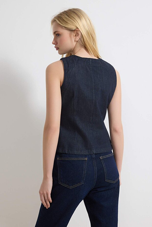 Koyu Mavi Düğme Detaylı Fitted 100% Pamuk Denim Yelek TWOSS26YE00004 - 4