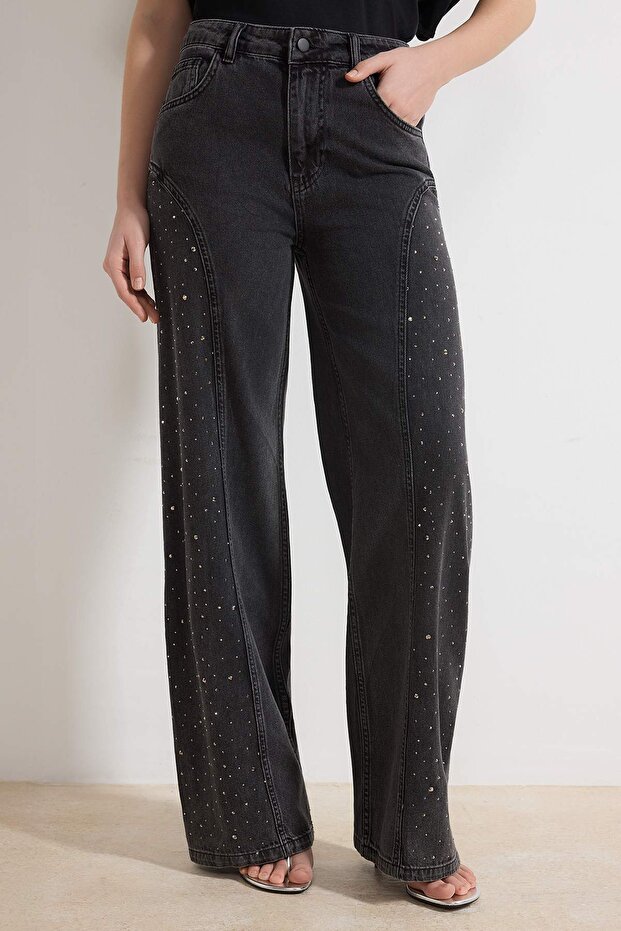 Siyah DÖKÜMLÜ Taşlı Dikiş Detaylı Yüksek Bel %100 Pamuk Wide Leg Jeans TWOSS26JE00079 - 3