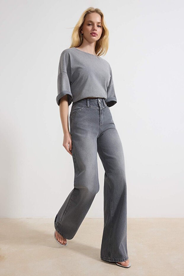 Gri Trok Detaylı Normal Bel %100 Pamuk Wide Leg Jeans TWOSS26JE00051 - 2
