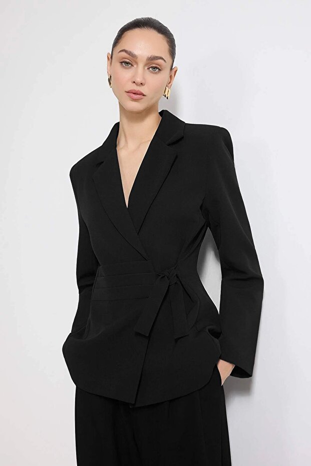 Siyah Kruvaze Kapama Astarlı Fitted Dokuma Blazer Ceket TWOSS26BC00022 - 1