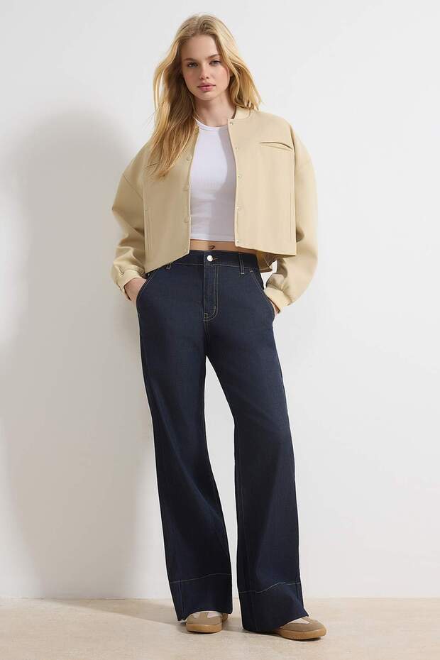 Koyu Mavi Cep Detaylı Yüksek Bel Ekstra Esnek Wide Leg Jeans TWOSS26JE00019 - 3
