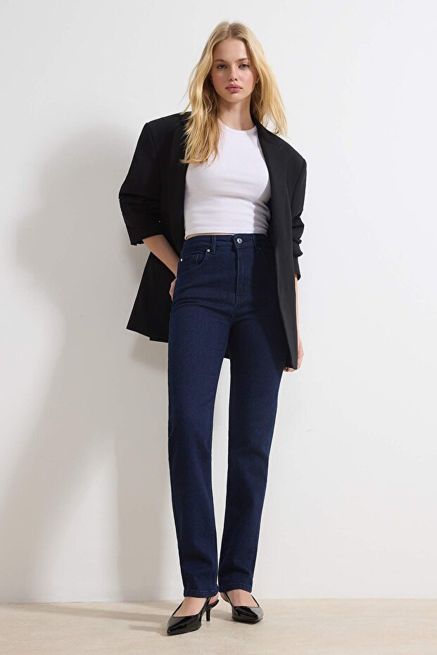 Koyu Mavi Yüksek Bel Az Esnek Straight Düz Kesim Slim Jeans TWOSS26JE00102 - 1