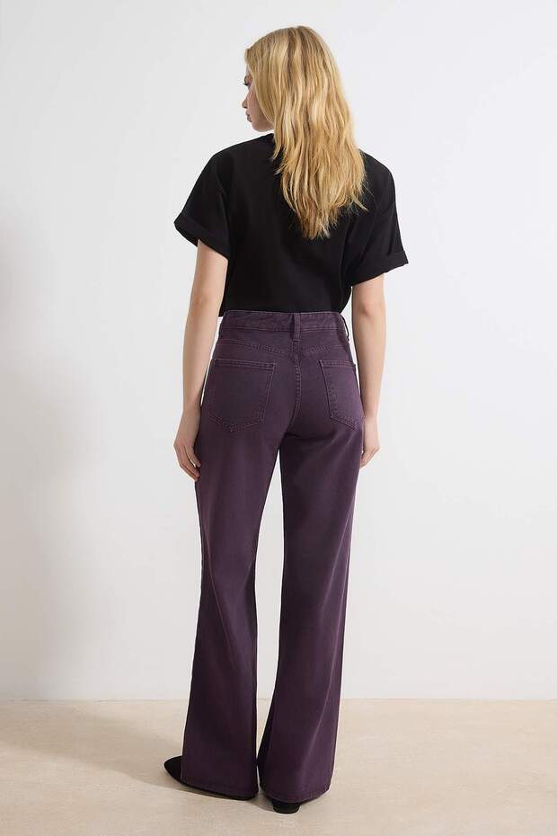 Mor Yıkama Efektli Yüksek Bel %100 Pamuk Uzun Boy Wide Leg Jeans TWOSS26JE00047 - 4