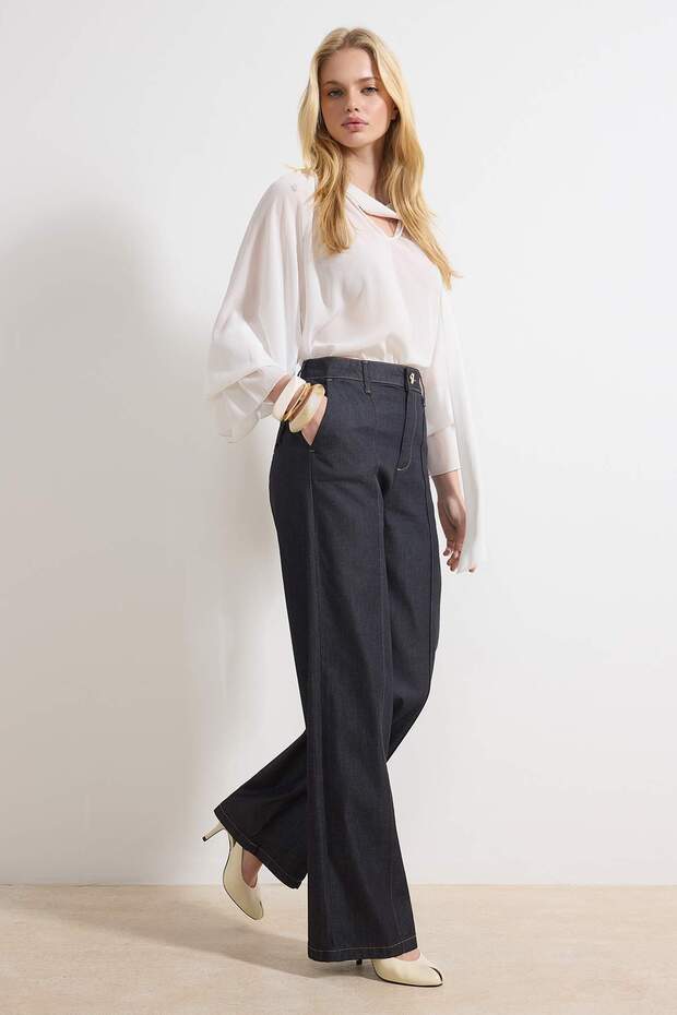 Koyu Mavi Dikiş Detaylı Yüksek Bel Ekstra Esnek Wide Leg Jeans TWOSS26JE00053 - 2
