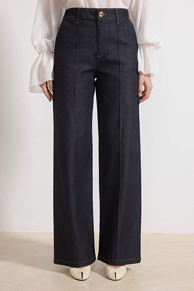 Koyu Mavi Dikiş Detaylı Yüksek Bel Ekstra Esnek Wide Leg Jeans TWOSS26JE00053 - 3