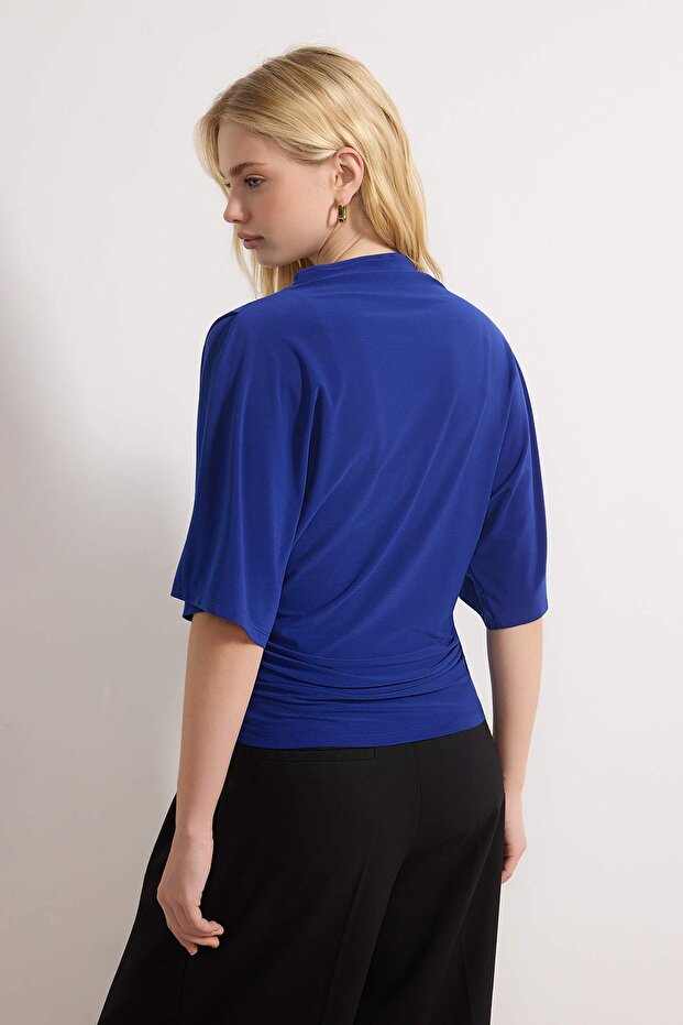 Saks Fitted/Vücuda Oturan Kayık Yaka Yarasa Kol Kısa Kollu Esnek Örme Bluz TWOSS26BZ00020 - 4