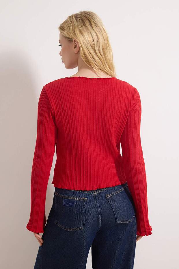 Kırmızı Jakarlı Fitted/Vücuda Oturan Düğme Detaylı Esnek Örme Bluz TWOAW26BZ00046 - 4