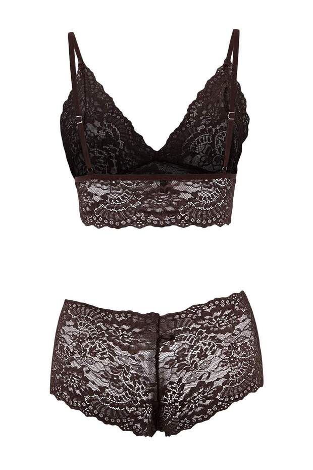 Kahverengi 3'lü Tül Dantel Detaylı Kapsız Örme Sabahlık+İç Çamaşırı Takımı THMAW26CC00013 - 5