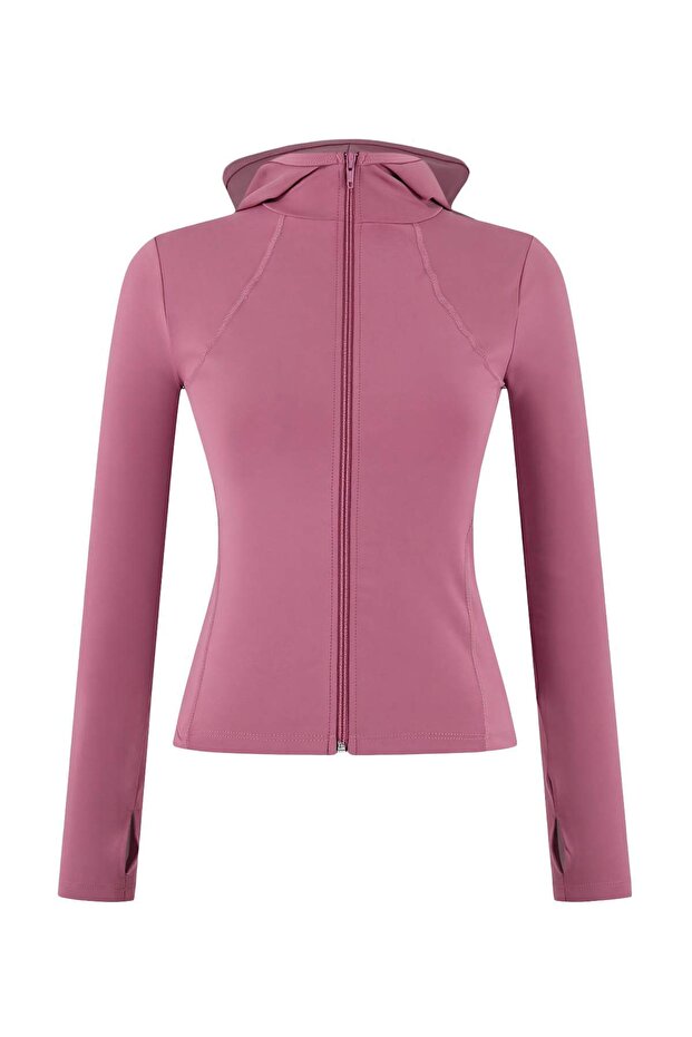 Pembe Soft Fırçalı Kumaş Kapüşonlu ve Reflektör Baskılı Örme Spor Ceket THMAW26SK00000 - 6