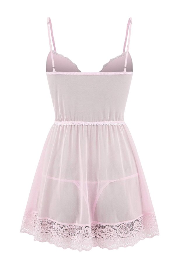 Pembe Tül Şeritli Dantel Detaylı Kaplı Külotlu Babydoll/Fantezi Gecelik THMAW26CY00002 - 3