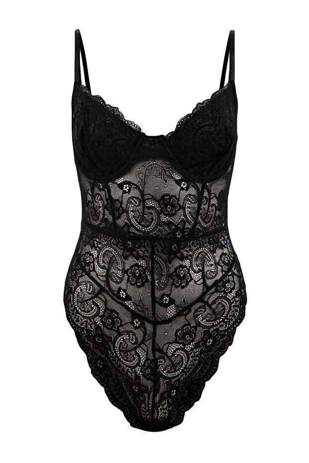 Siyah Dantel Fitted Kapsız Body THMSS26BD00001 - 3