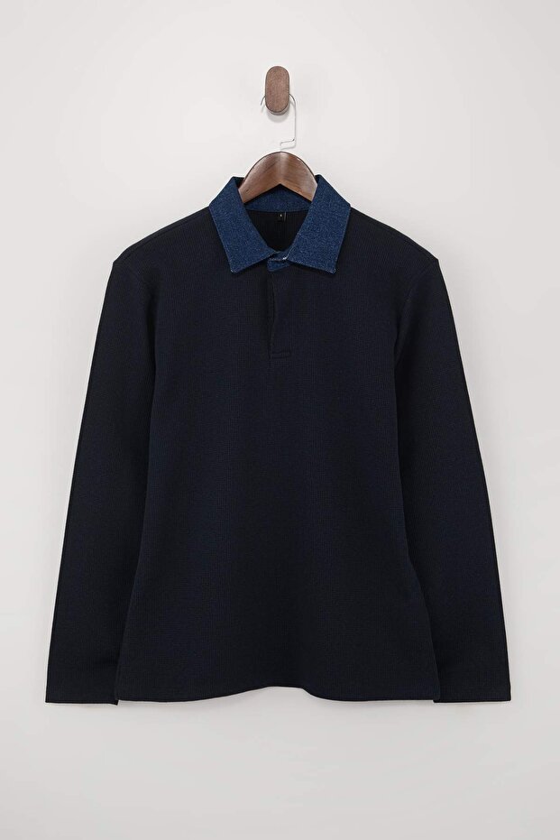 Lacivert Regular/Normal Kesim Dokulu Denim Yaka Detaylı Polo Yaka T-shirt TMNSS26PO00001 - 4