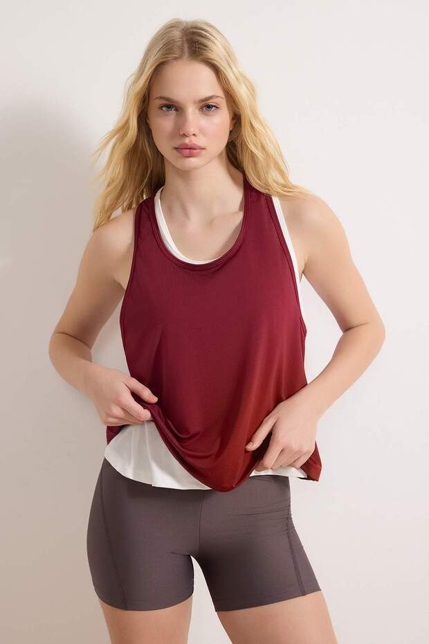 Ekru-Bordo 2'li Micro Kumaş Örme Spor T-Shirt THMSS26TS00001 - 8