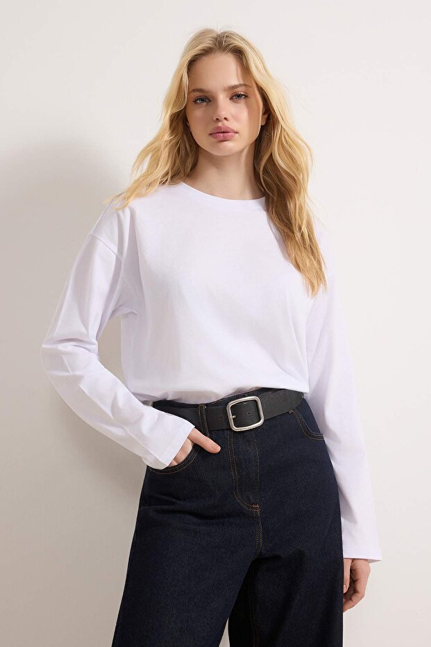Beyaz %100 Kalın Pamuklu Basic Bisiklet Yaka Oversize/Geniş Kalıp Örme T-Shirt TWOAW24TS00013 - 2