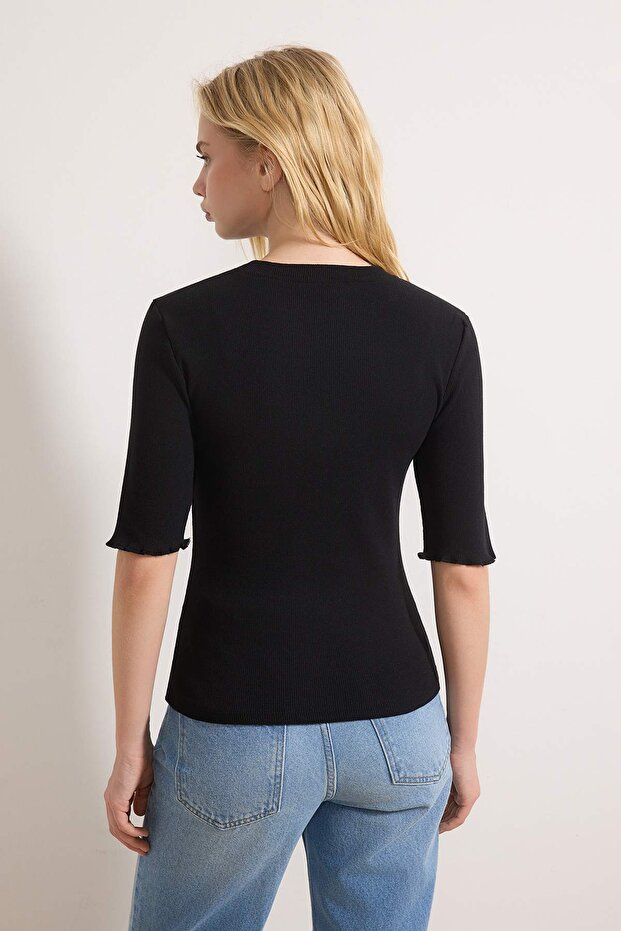 Siyah Fitted/Vücuda Oturan Fitilli Esnek Örme Bluz TWOSS23BZ00025 - 4