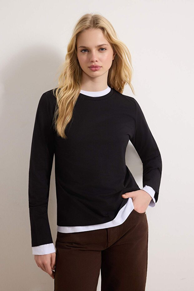 Siyah-Beyaz 2'li Paket Bisiklet Yaka Regular/Normal Kesim Örme T-Shirt TWOAW25TS00001 - 9