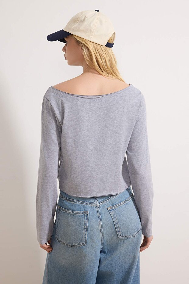 Teen Lacivert-Gri Melanj %100 Pamuk Açık Omuzlu Yaka Rahat Kesim Örme T-Shirt TWOAW26TS00016 - 9