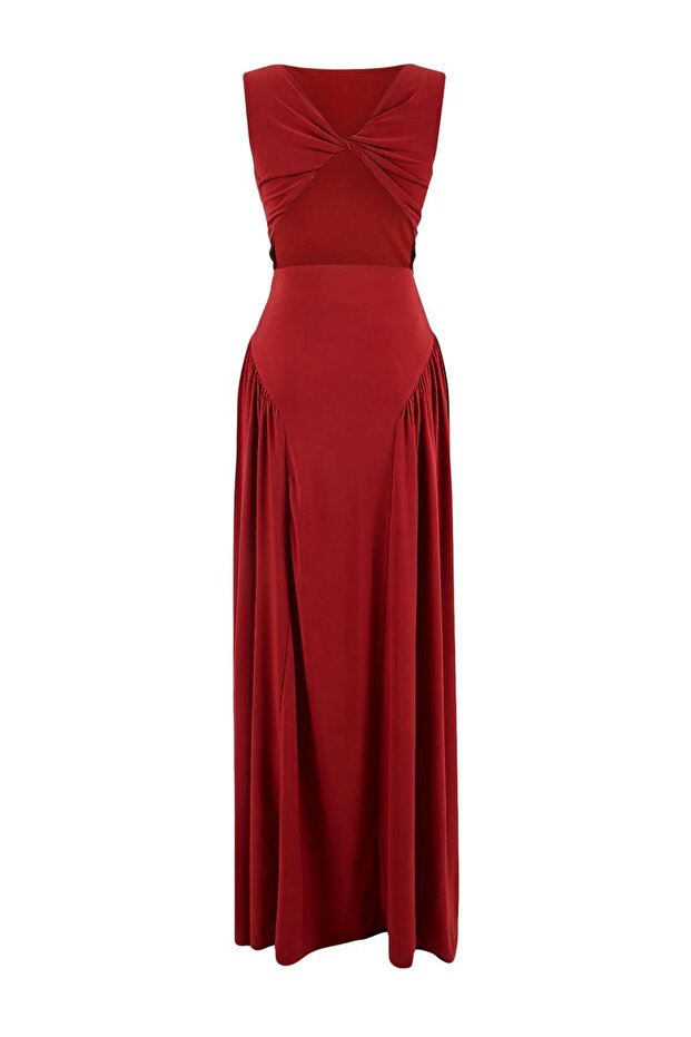 Kiremit Sırt Detaylı Örme Maxi Abiye & Mezuniyet Elbisesi TPRSS26AE00030 - 6