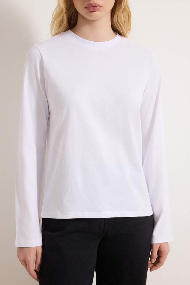 Beyaz %100 Pamuk Uzun Kollu Bisiklet Yaka Regular/Normal Kalıp Basic Örme T-Shirt TWOAW21TS0098 - 3