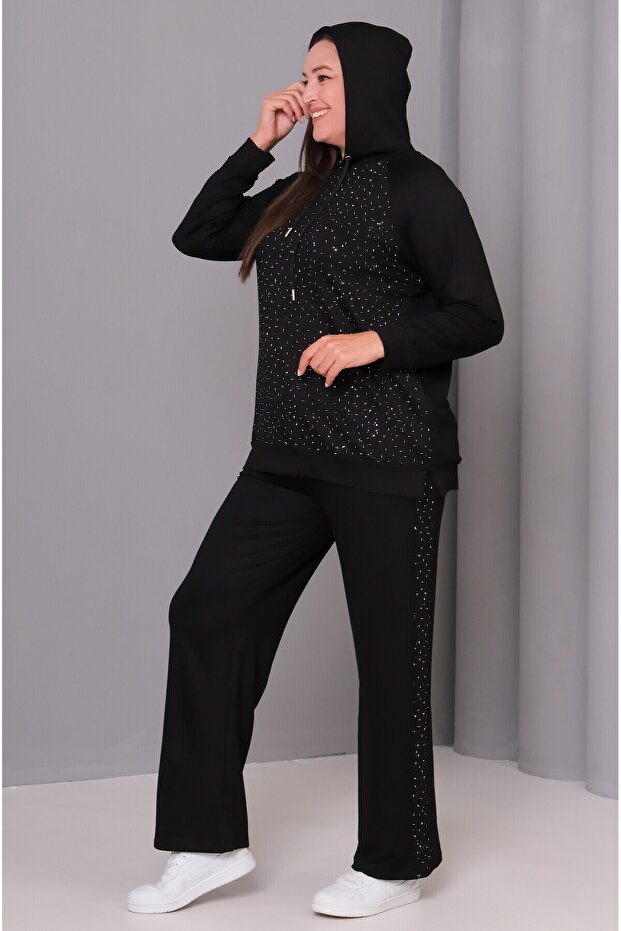 Women's Plus Size Black, Stone Detailed, Hooded Tracksuit Set 65N39139