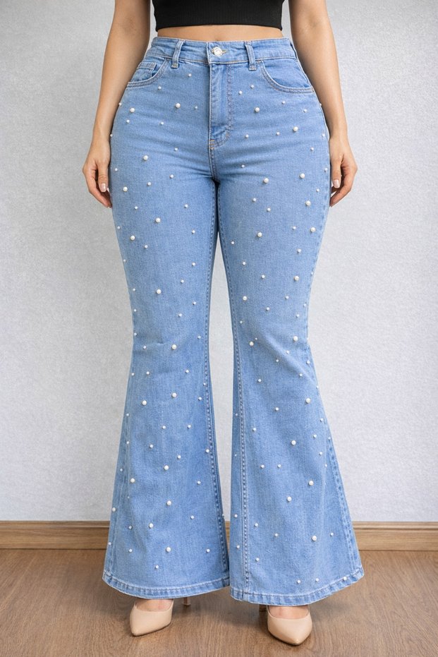 Women'S-Premium Pearl Detailed High Waist L Stretch Fabric Flexible Comfortable Fit İ Flared Ot Pants