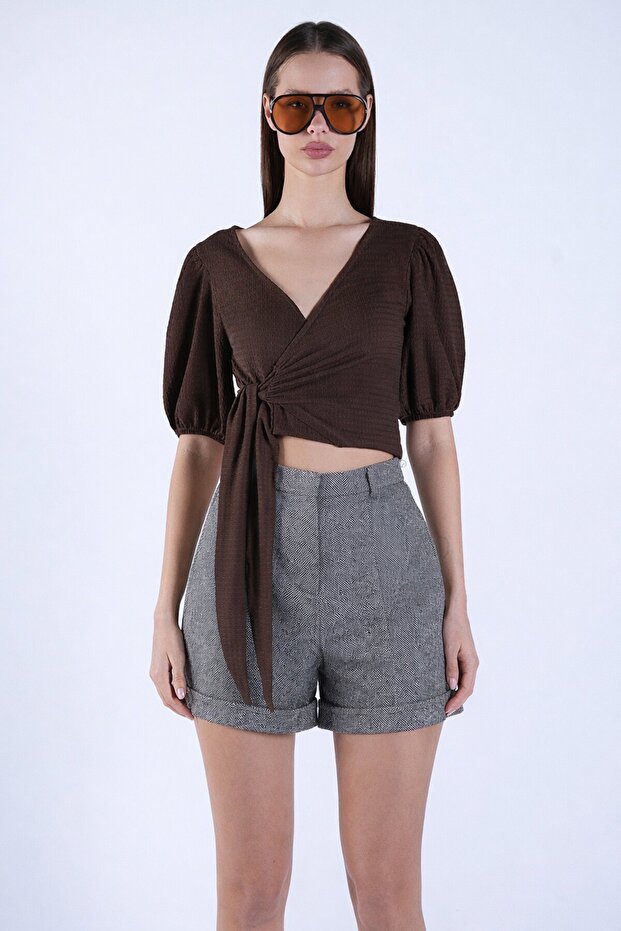 Gri Duble Paça Çift Cepli Kışlık Kaşe Şort - 1